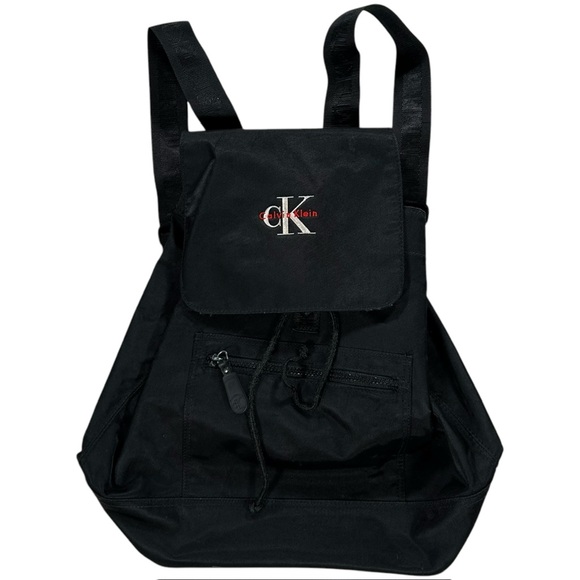 Vintage 90s Calvin Klein Black Drawstring Buckle Back Pack Book Bag - Picture 1 of 7